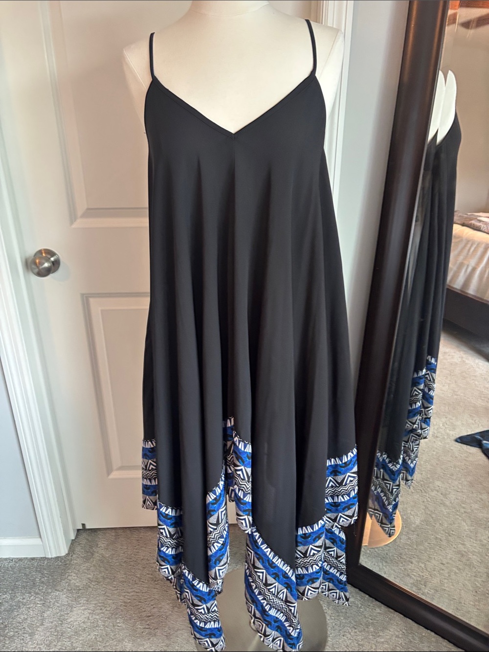 Express Black Maxi Slip Dress with Blue Patterned Hem
